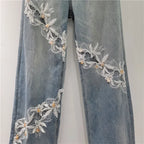Whimsical Floral Patchwork Lace Denim Jeans With High Waist And Elegant Hollow Out Details