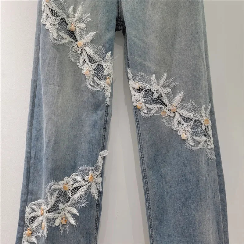 Whimsical Floral Patchwork Lace Denim Jeans With High Waist And Elegant Hollow Out Details