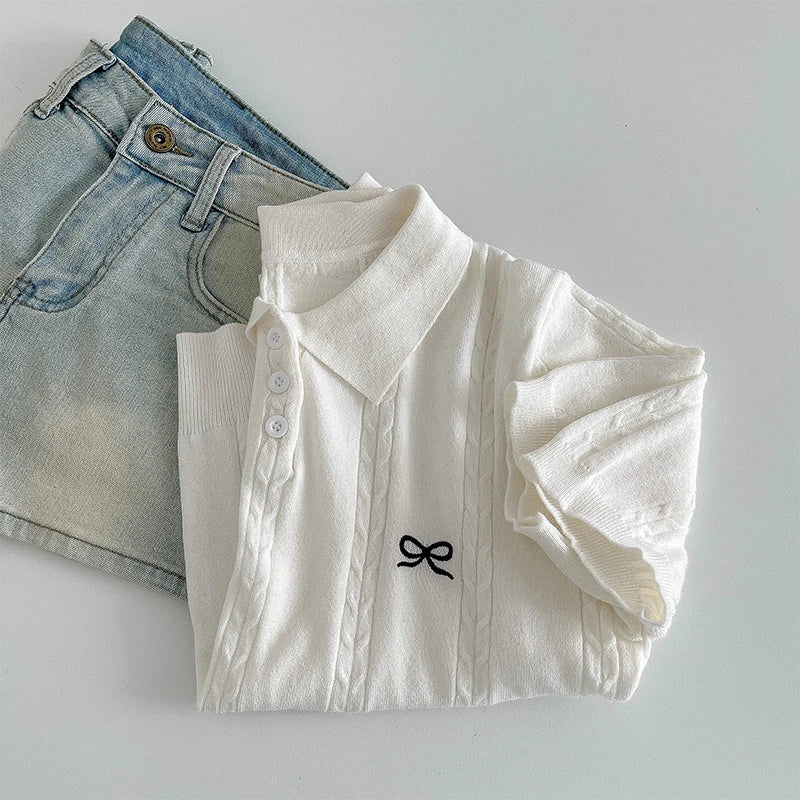 Sweet Bow Embroidered Knitted Polo Shirt For Women Short Sleeve