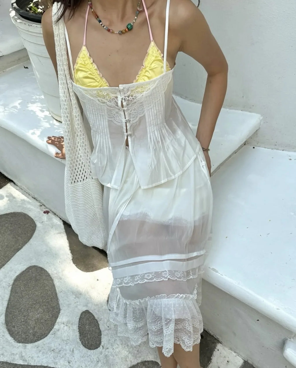 Lace Strap Boho Camisole Top Sheer Cotton Rayon Sleeveless