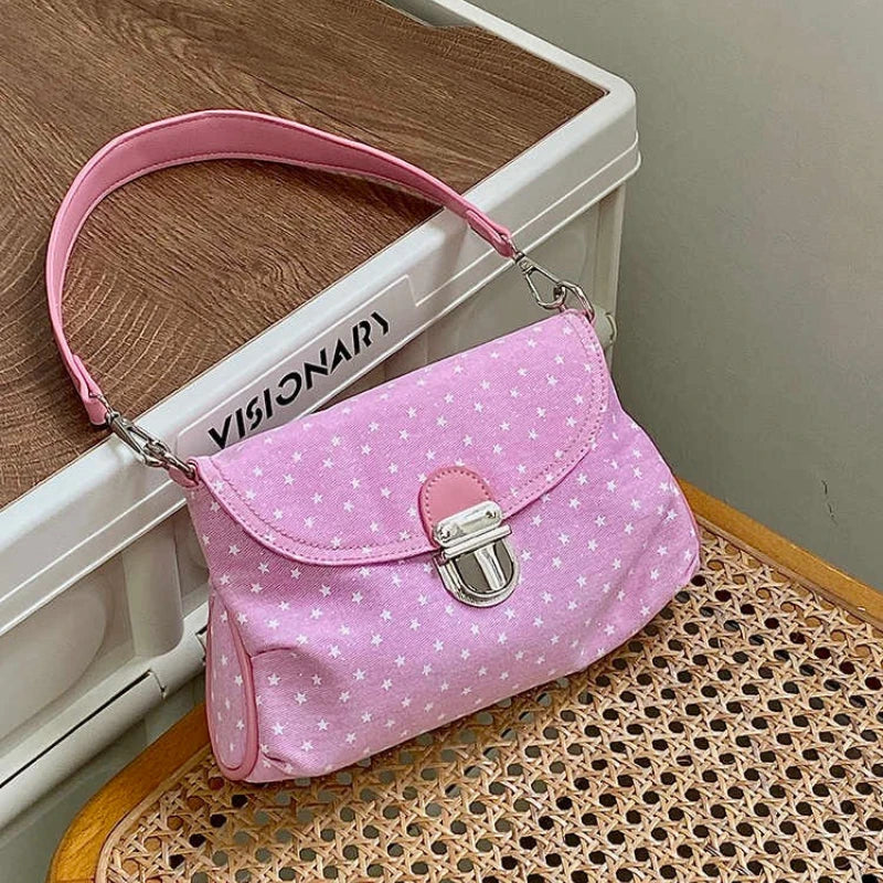 Contrast Color Star Print Crossbody Bag for Women Lightweight Shoulder Purse With Buckle