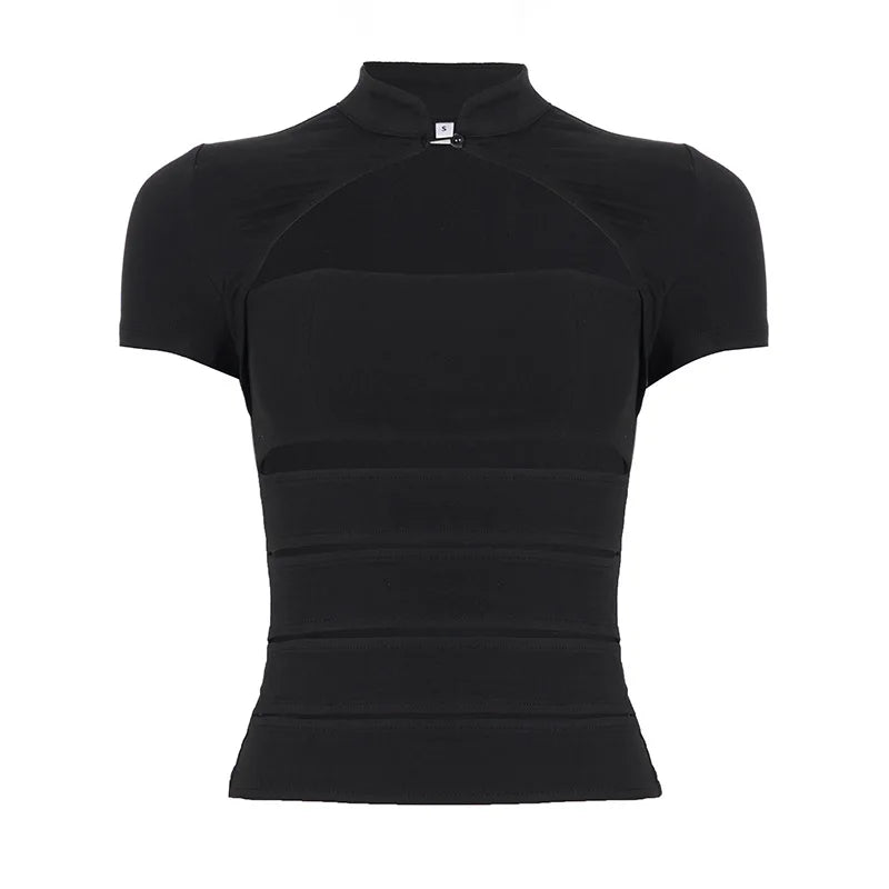 Hollow Stand-Up Collar Shirt With Ultra Slim Fit Short Sleeve Black Top