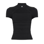 Hollow Stand-Up Collar Shirt With Ultra Slim Fit Short Sleeve Black Top