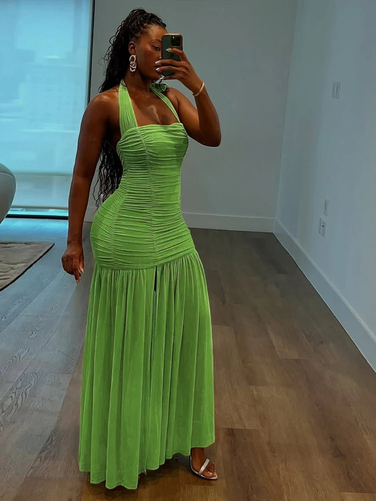 Nibber See Through Hem Halter Maxi Dress Backless Patchwork Bodycon