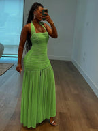 Nibber See Through Hem Halter Maxi Dress Backless Patchwork Bodycon
