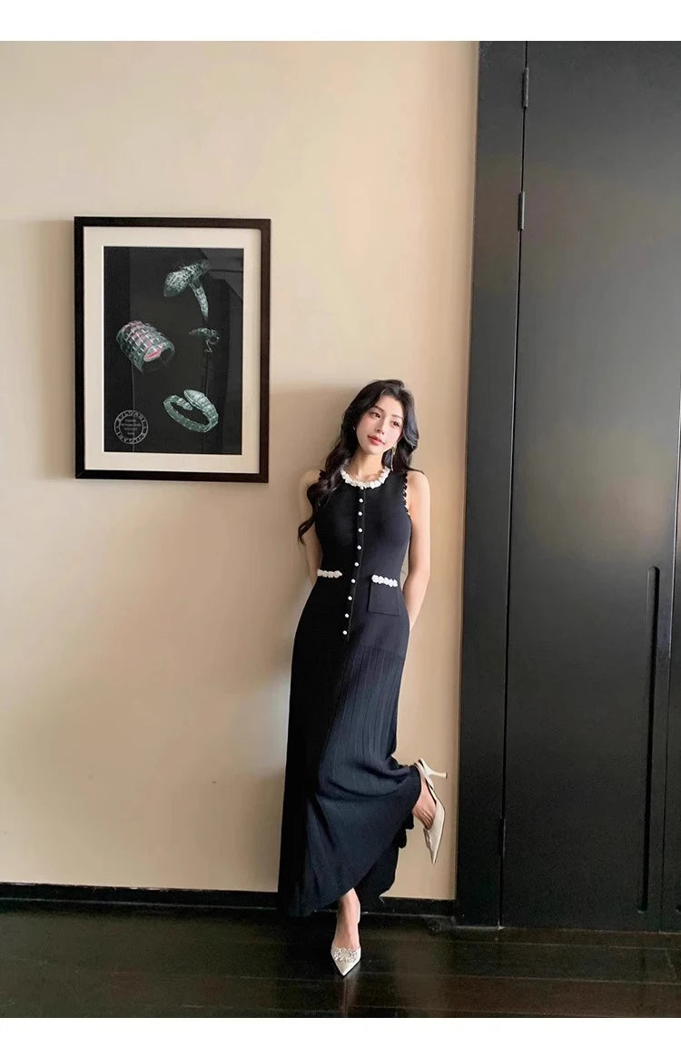 Floral Pearl Knit Maxi Dress Sleeveless O-Neck With Pleated Details