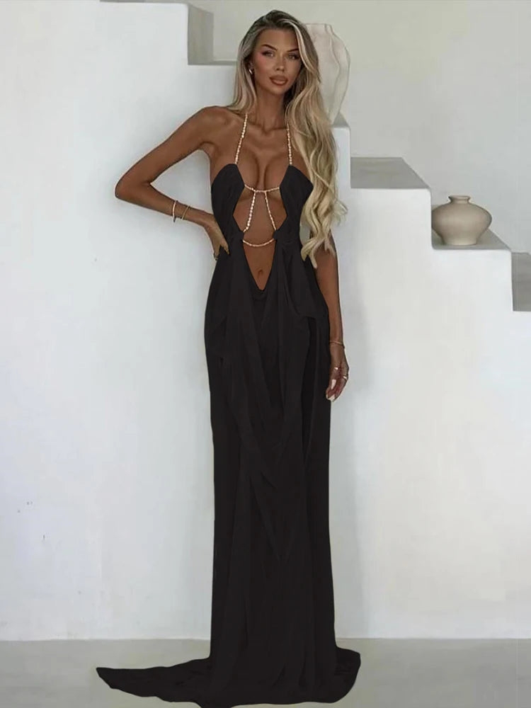 Sheer Halter Gown With Chain Detailing Backless Sleeveless