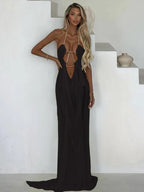 Sheer Halter Gown With Chain Detailing Backless Sleeveless