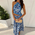 Two- piece Set With Ruched Maxi Skirt and Spaghetti Strap Halter Crop Top