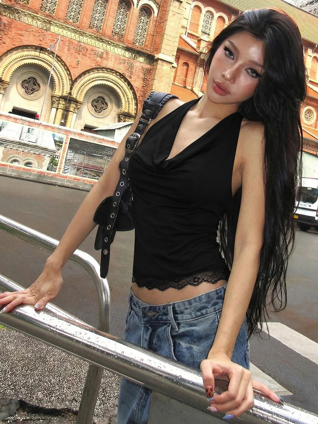 Backless Halter Knit Tank With Lace Up Details And Swing Collar