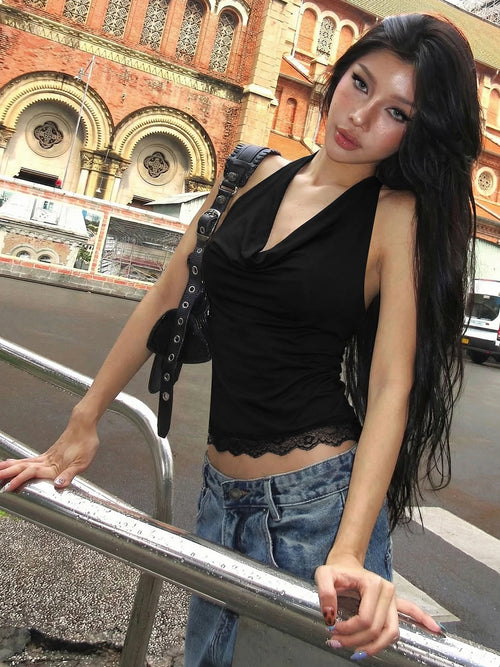 Backless Halter Knit Tank With Lace Up Details And Swing Collar