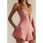 Retro Denim Playsuit With Cross Tie Backless V Neck Zip Front Loose Wide Leg Romper