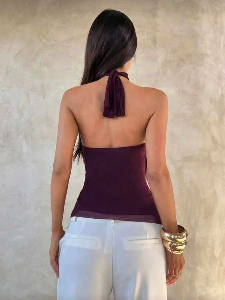 Tierred Backless Halter Patchwork Tank Top With Metal Buckle Accent Irregular Hem