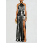 Off Shoulder Corset Halter Evening Gown With Slit