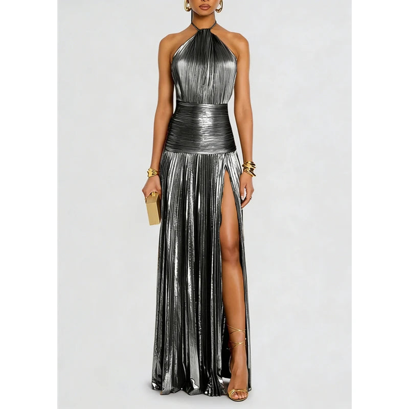 Off Shoulder Corset Halter Evening Gown With Slit