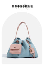 Denim Pouch Handbag With Wallet Long Strap Shoulder Bag
