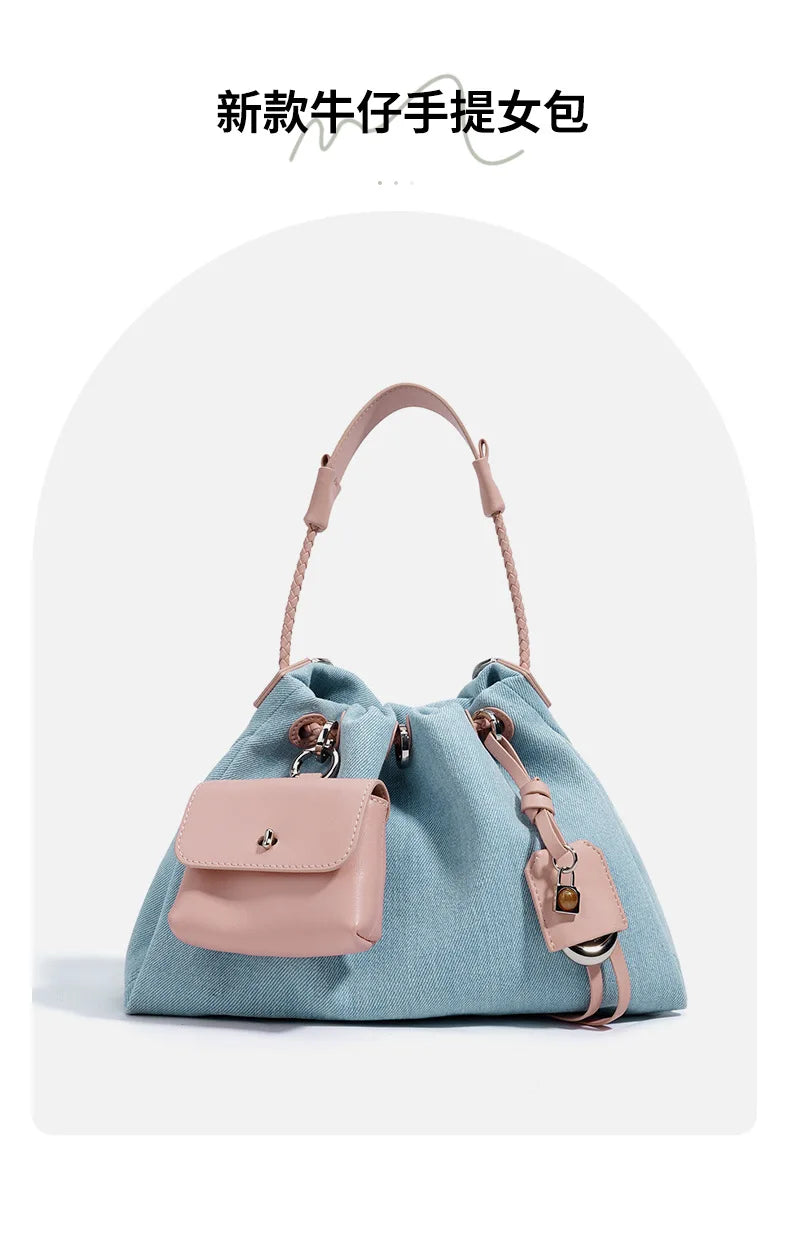 Denim Pouch Handbag With Wallet Long Strap Shoulder Bag