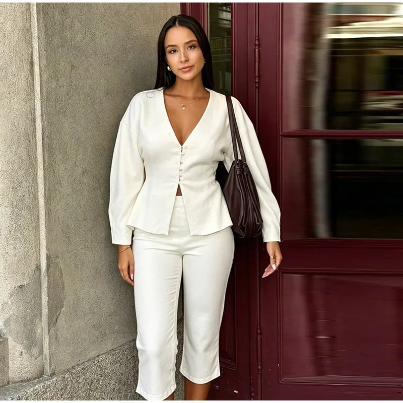 Sleek Blazer Capri Set For Women V Neck Jacket With Matching Pants