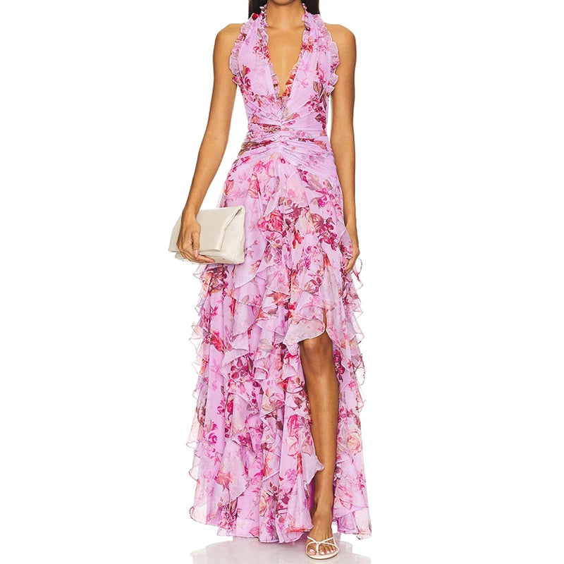 Elegant Patterned Dress With Lace Up Halter Neck Slim Long Silhouette And Ruffle Detail