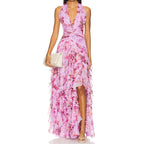 Elegant Patterned Dress With Lace Up Halter Neck Slim Long Silhouette And Ruffle Detail