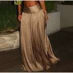 Two Piece Set Solid Color O Neck Top With Backless Lace Up And High Waist A Line Skirt