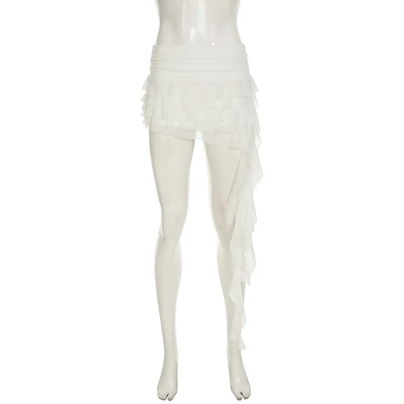 Irregular Mesh Ruffle Edge Low Waist Short Skirt