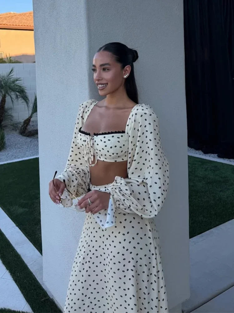 Polka Dot Square Collar Crop Top And High Waist Maxi Skirt Set Outfit