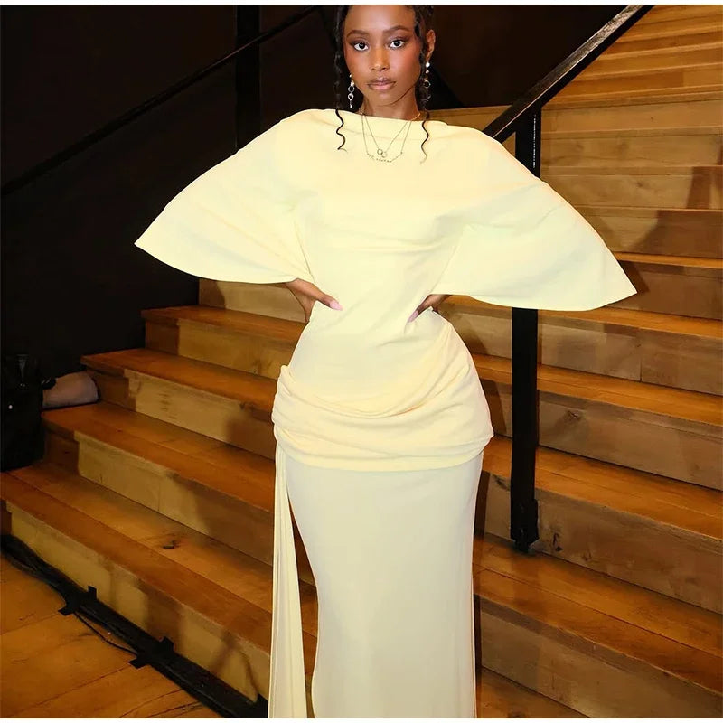 Backless Party Maxi Dress With O Neck Slim Pleated Ribbon Detail