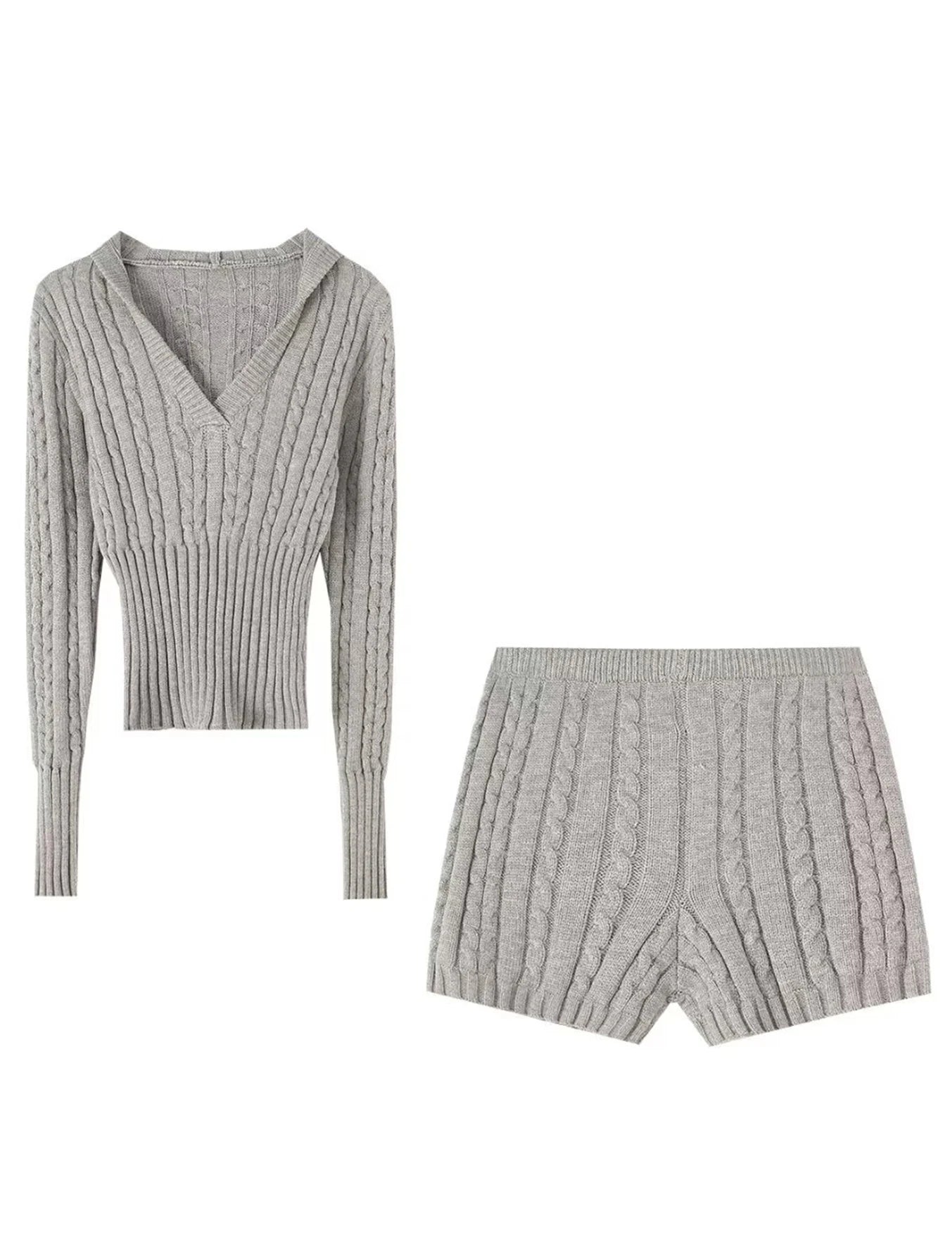 Sexy Vintage Hooded Knitted Long Sleeve Set