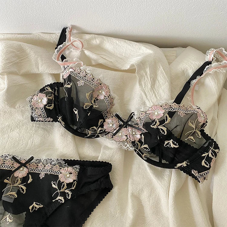 Lace Set With Embroidered Details Two-piece Sheer Push Up Bra And Matching Briefs