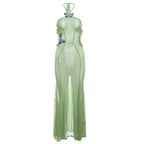 Sheer Halter Dress With Butterfly Appliques Hollow Ruffle Details Elegant Gown