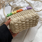 Straw Woven Shoulder Bag With Floral Details