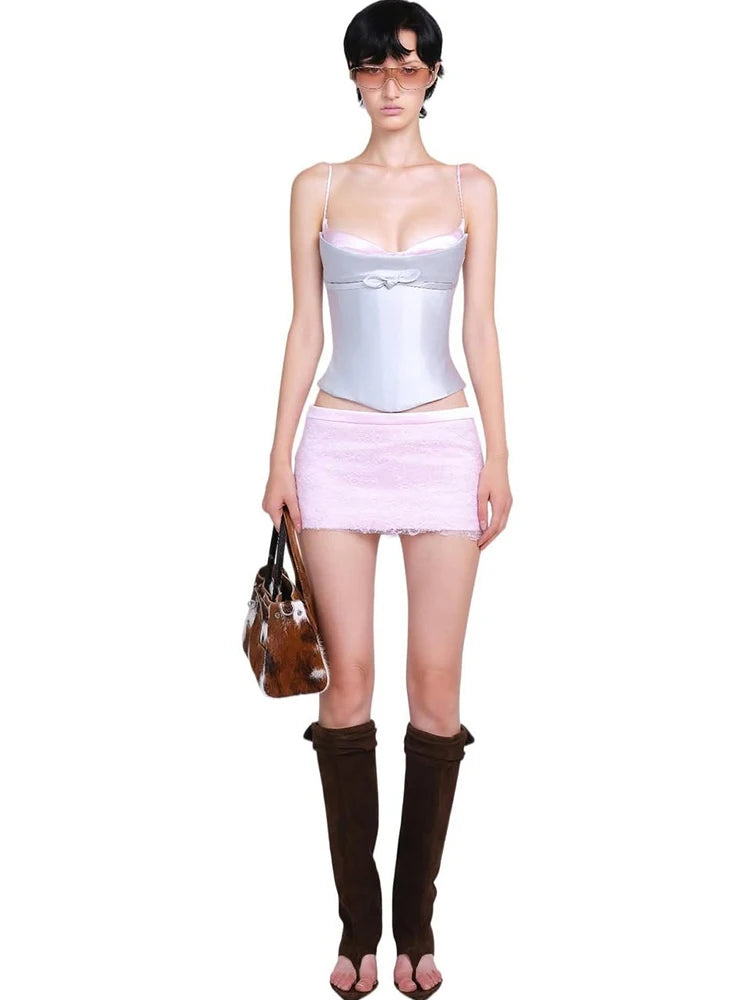 Sweet 2-Piece Set Women Patchwork Bow Decoration Low-Neck Camisole+Jacquard Mini Skirt