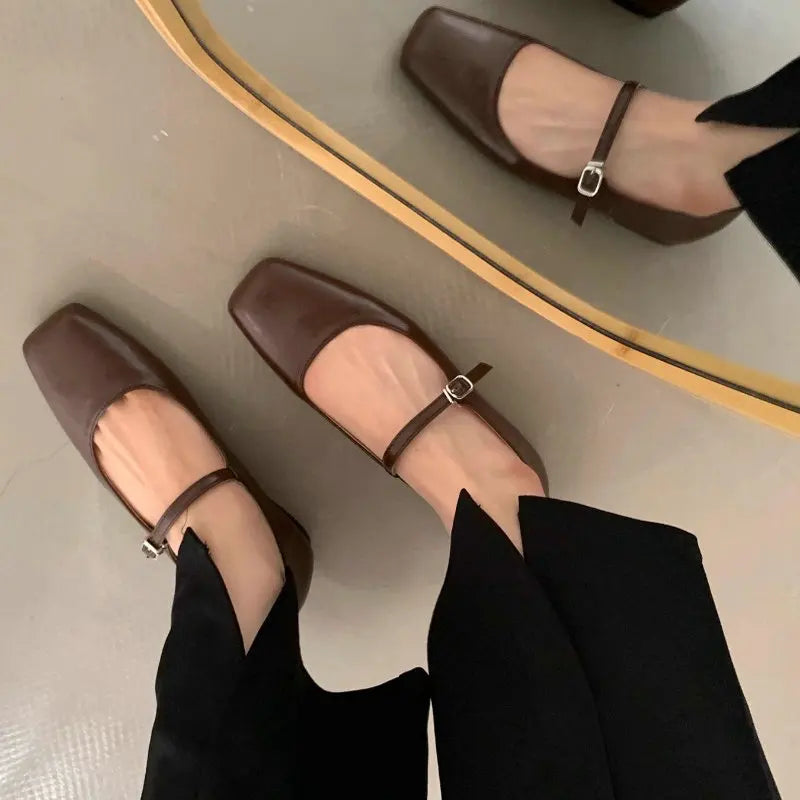 Mary Jane Flats With Square Toe Buckle Strap Retro Styled Women's Shoes