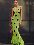 Midnight Sleeveless Knit Maxi Dress With Hollow Dot Tassel Hem