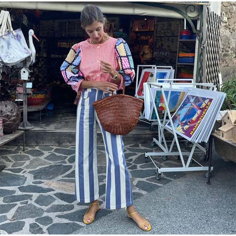 Vivid Multicolor Stripe Wide Leg Jeans With Pockets Low Waist Denim Trousers