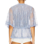 Lace Cape Tops Sexy Ruffled Trim Front Tie Closure Short Sleeve Mesh Blouse