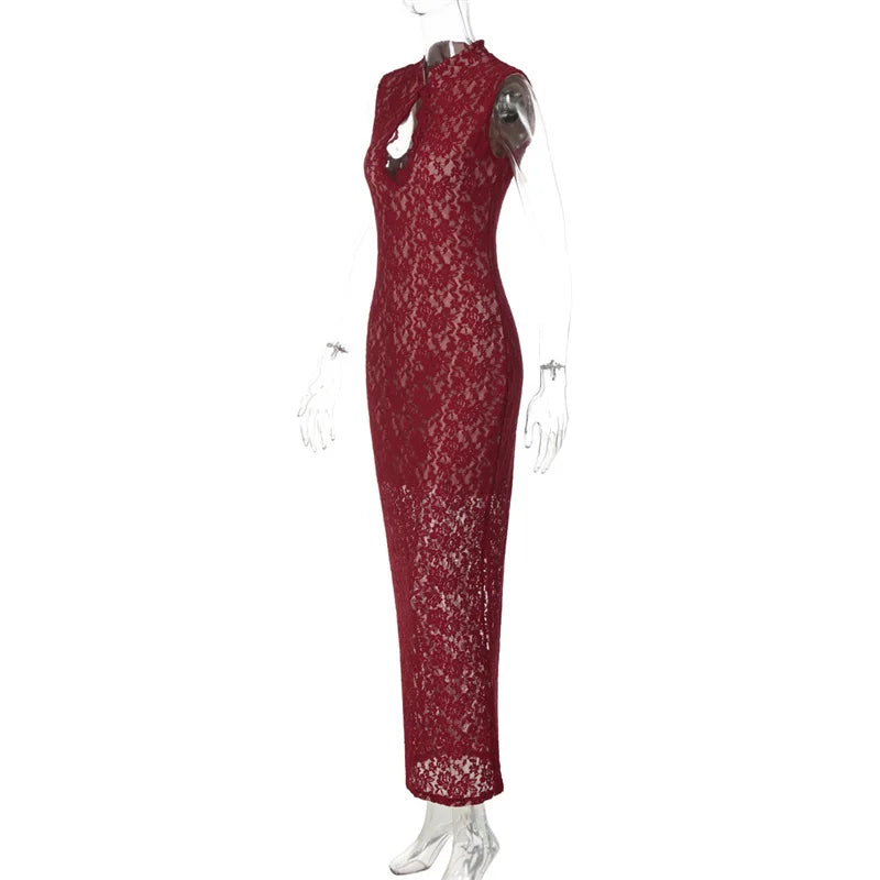 Elegant Lace Sleeveless Maxi Dress With Hollow Out Split
