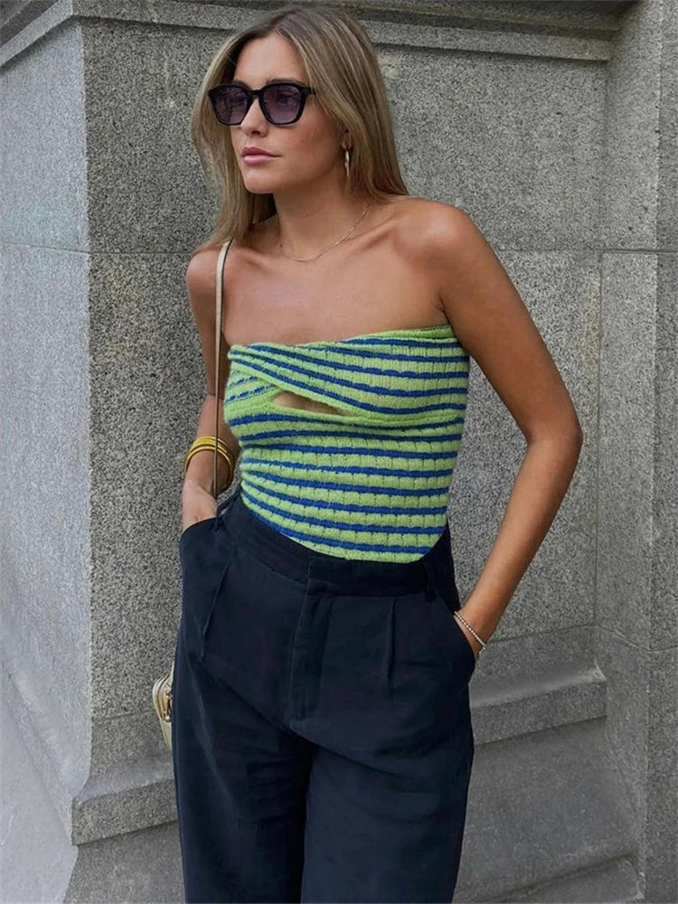 Off Shoulder Knit Tube Top With Stripe Backless Bustier Cropped