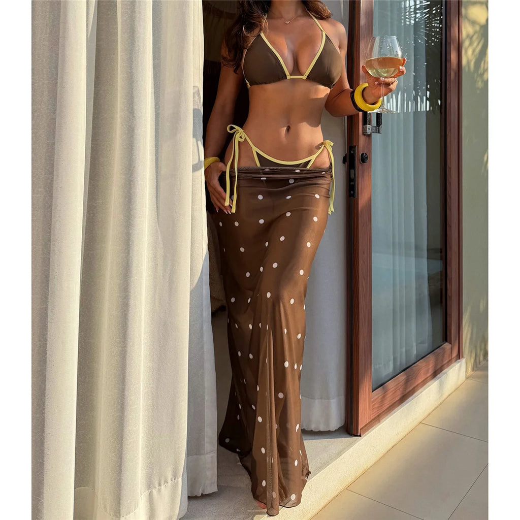 Yellow Polka Dot Skirt Halter Female Three-piece Bikini Set