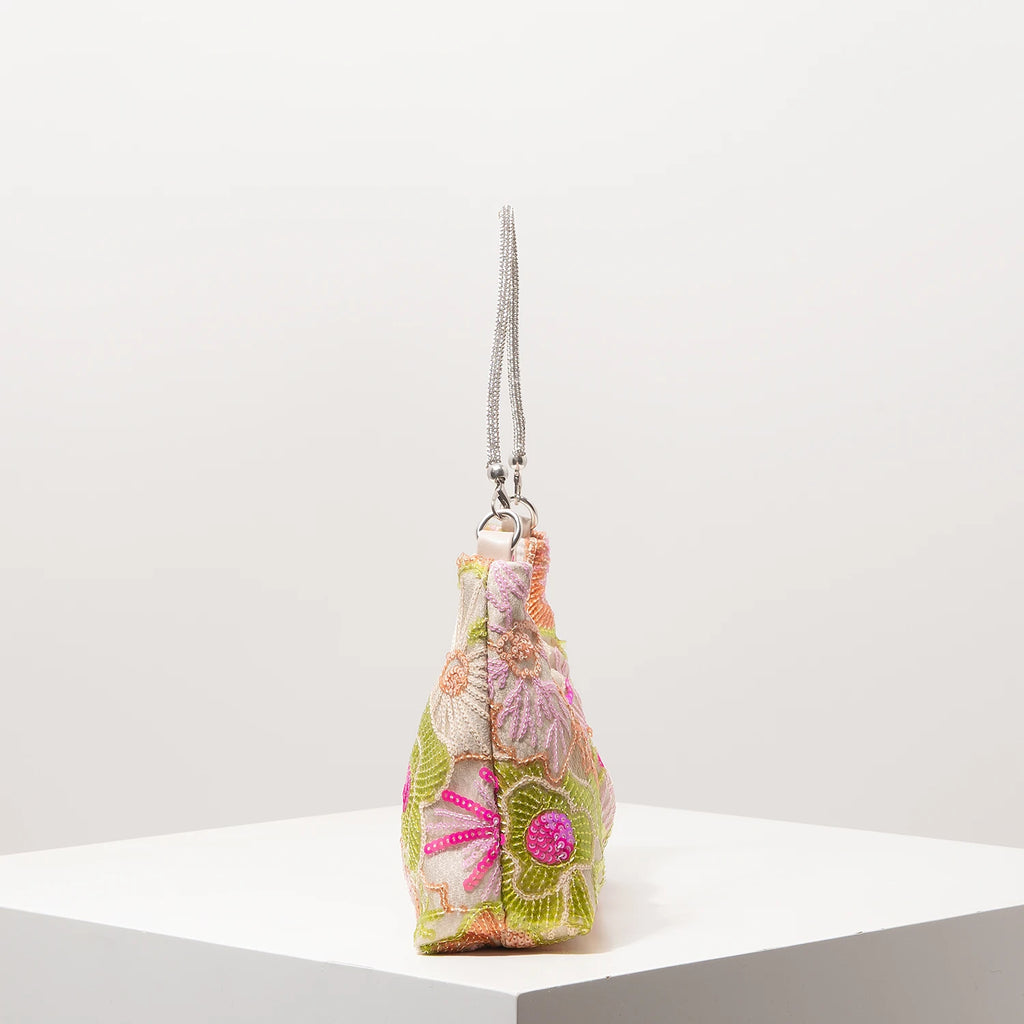 Floral Embroidered Sequin Shoulder Bag For Women Crescent Shape Evening Purse
