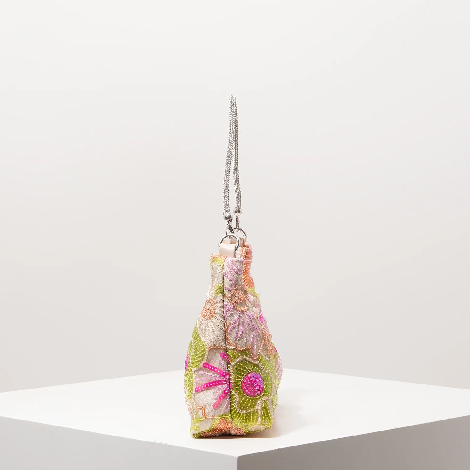 Floral Embroidered Sequin Shoulder Bag For Women Crescent Shape Evening Purse