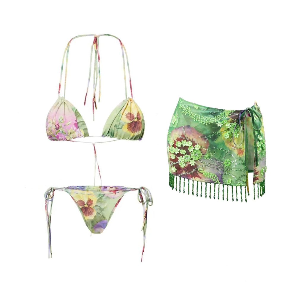 Floral Bikini Set With Skirt Bandeau Style Swimwear