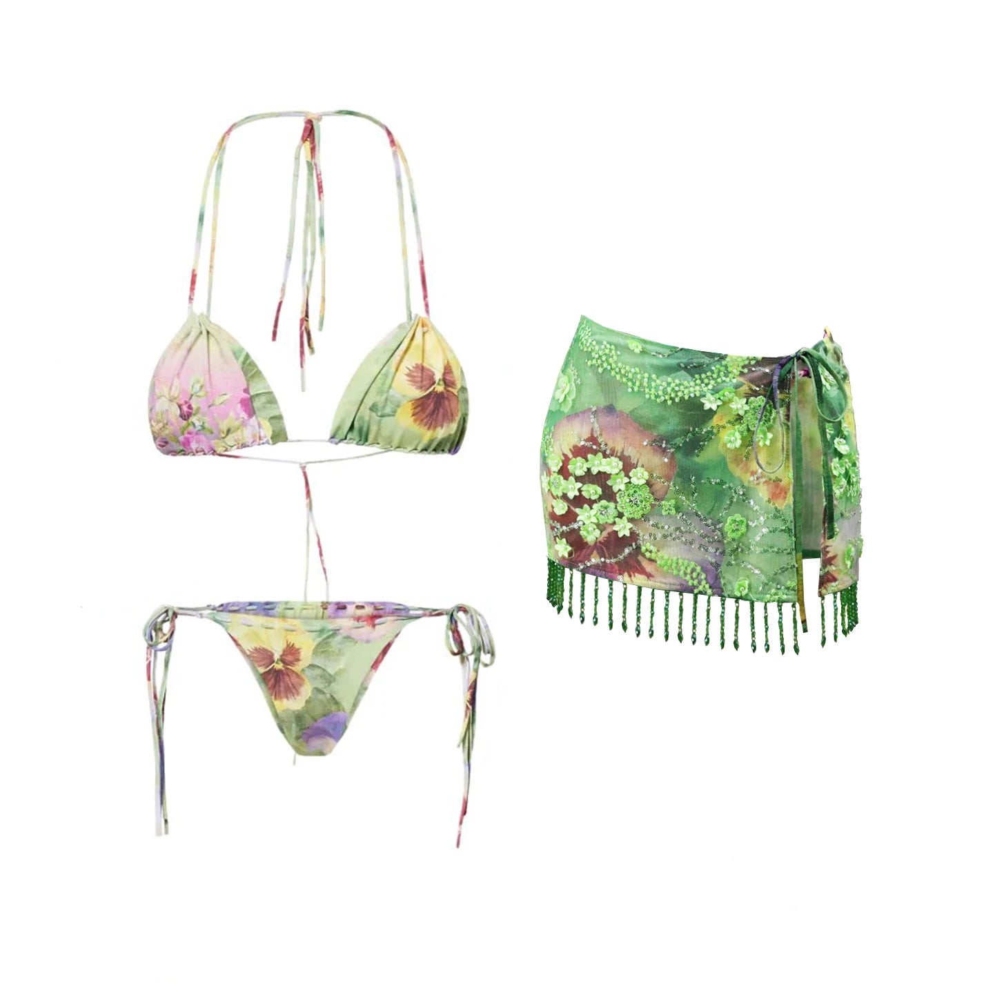Floral Bikini Set With Skirt Bandeau Style Swimwear