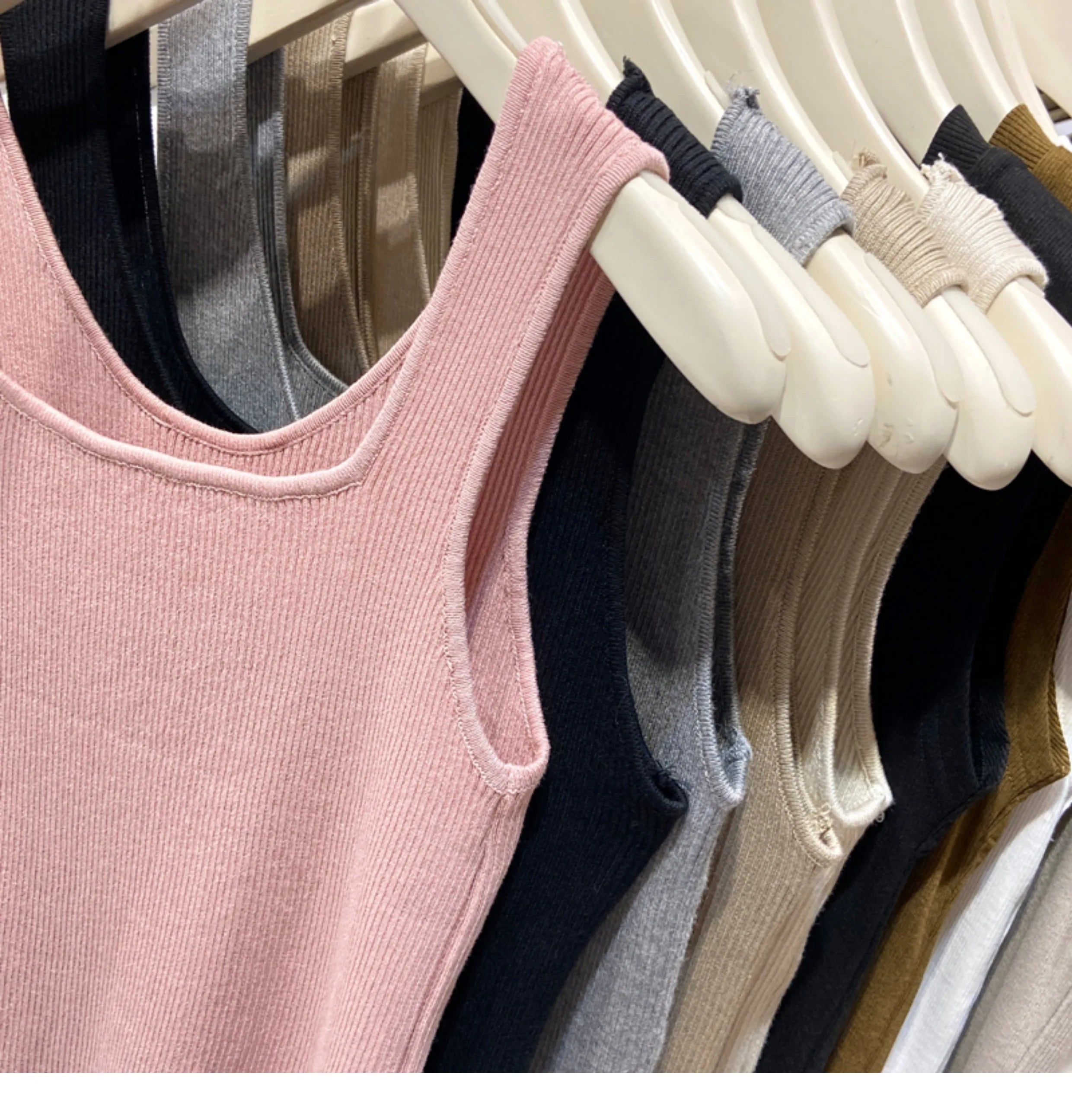 Knitted Strap Top With Clavicle Square Collar