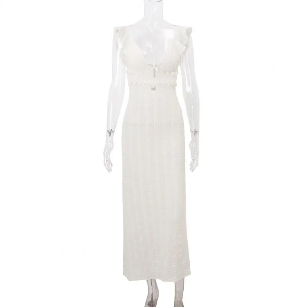Knit Dress With Backless Hollow Out Lace Up Solid A Line Sleeveless
