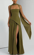 Olive Green Maxi Dress With Scarf Flowy Silhouette