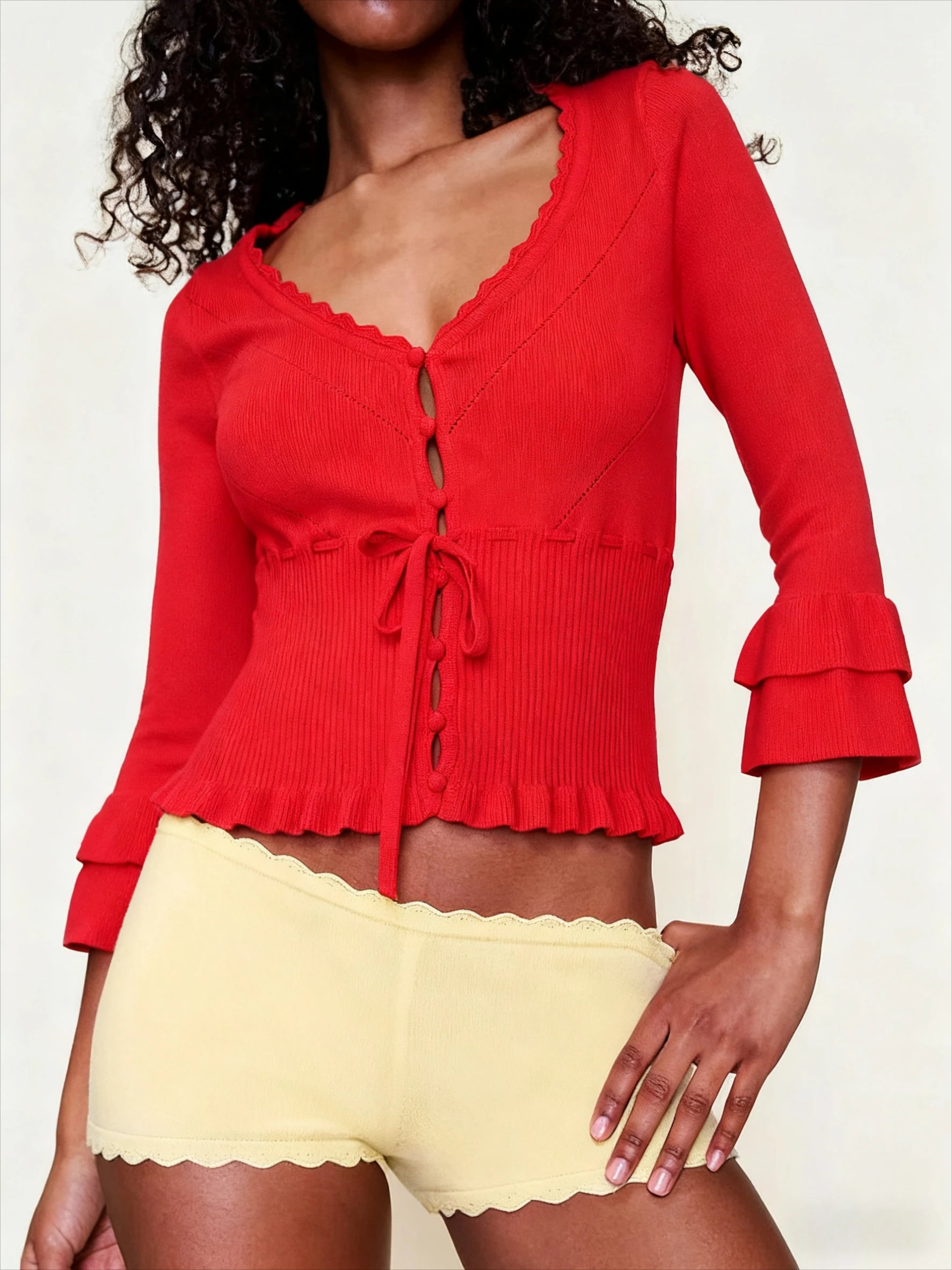 Hollow Crochet Knit Cropped Sweater in Beige and Red Long Sleeve Knit Top for Women