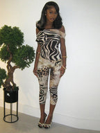 Leopard Print Two Piece Set For Women Slash Neck Backless Top And Hip Crop Pants