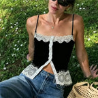 Lace Trim Spaghetti Strap Camisole With Front Button V Neck